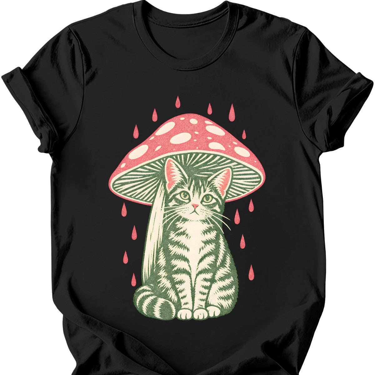 Mushroom Umbrella Cat T-Shirt — Black
