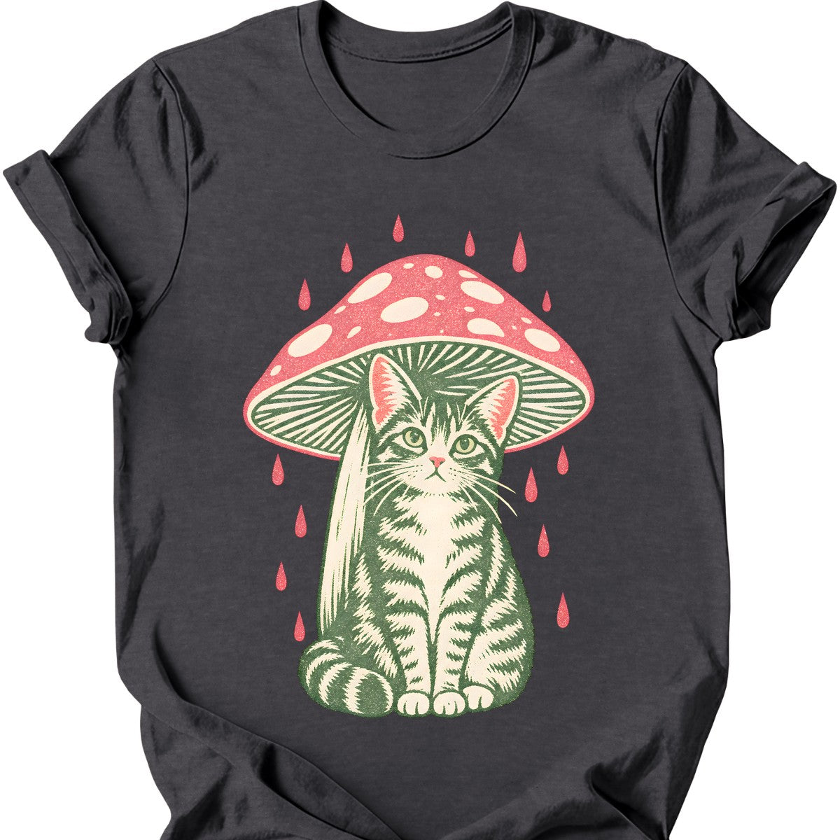 Mushroom Umbrella Cat T-Shirt — Dark Heather