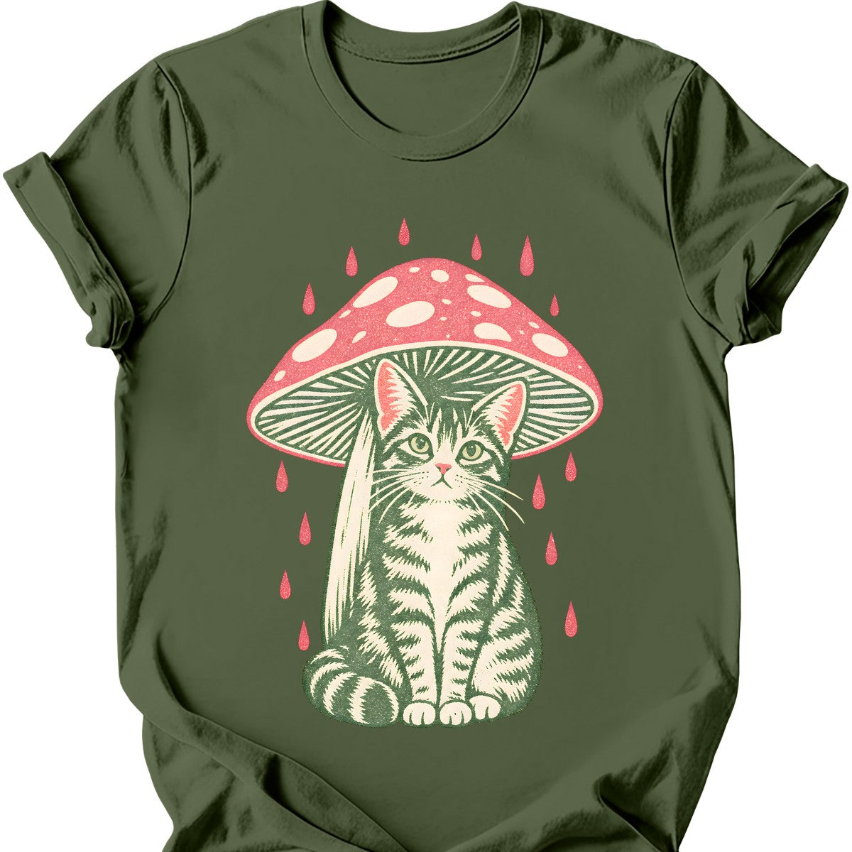 Mushroom Umbrella Cat T-Shirt — Military Green
