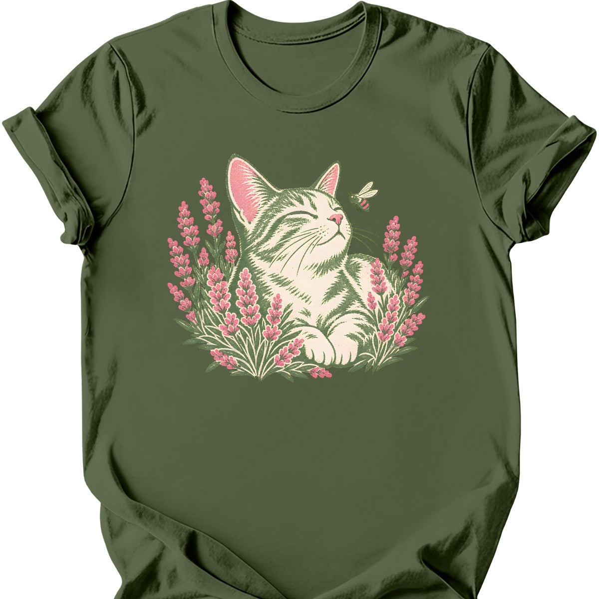 Lavender Cat T-Shirt — Military Green