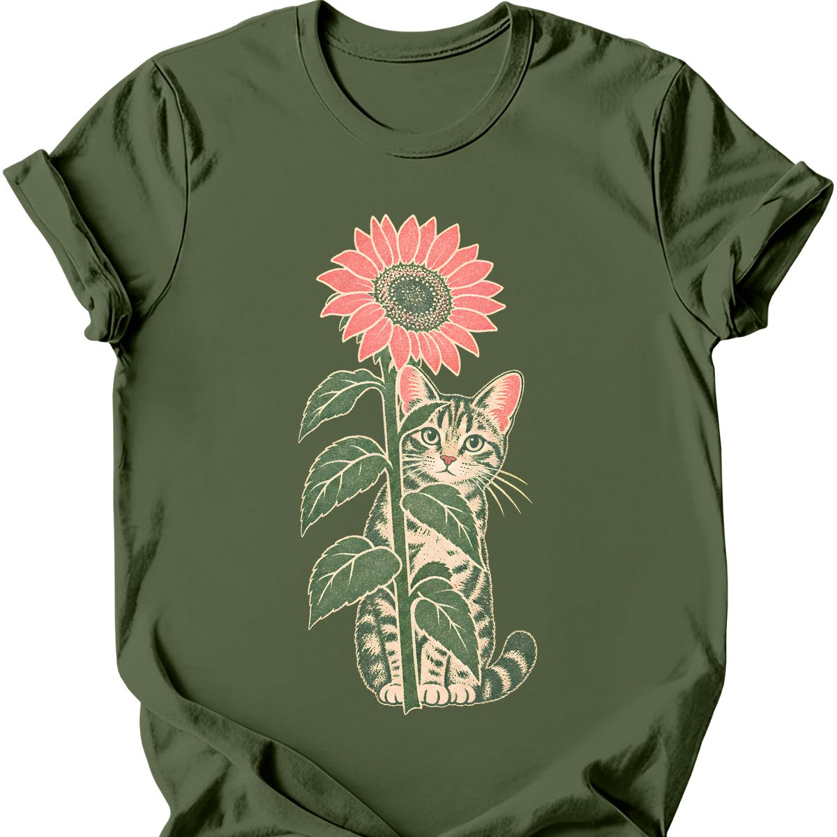 Sunflower Cat T-Shirt — Military Green