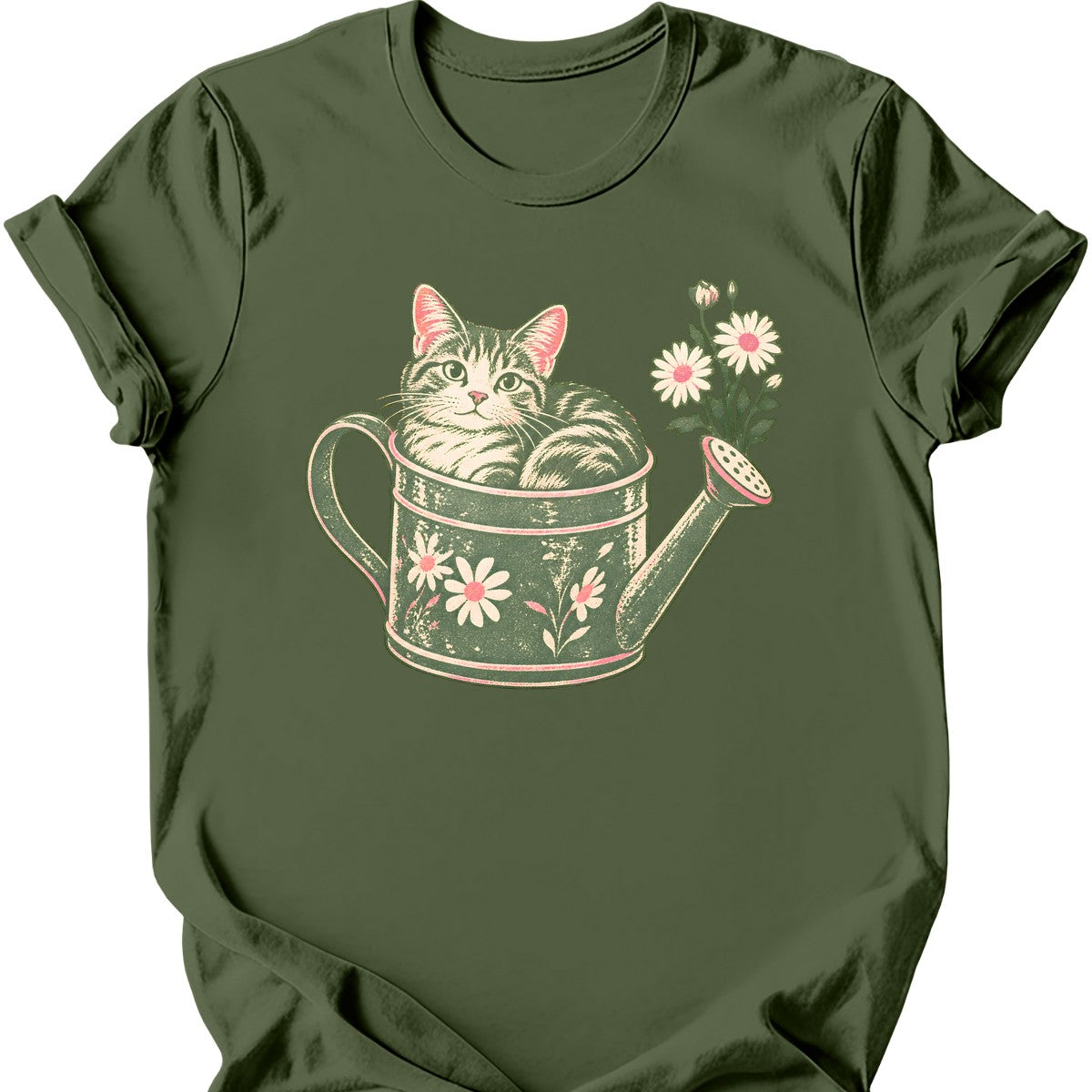 Watering Can Cat T-Shirt — Military Green