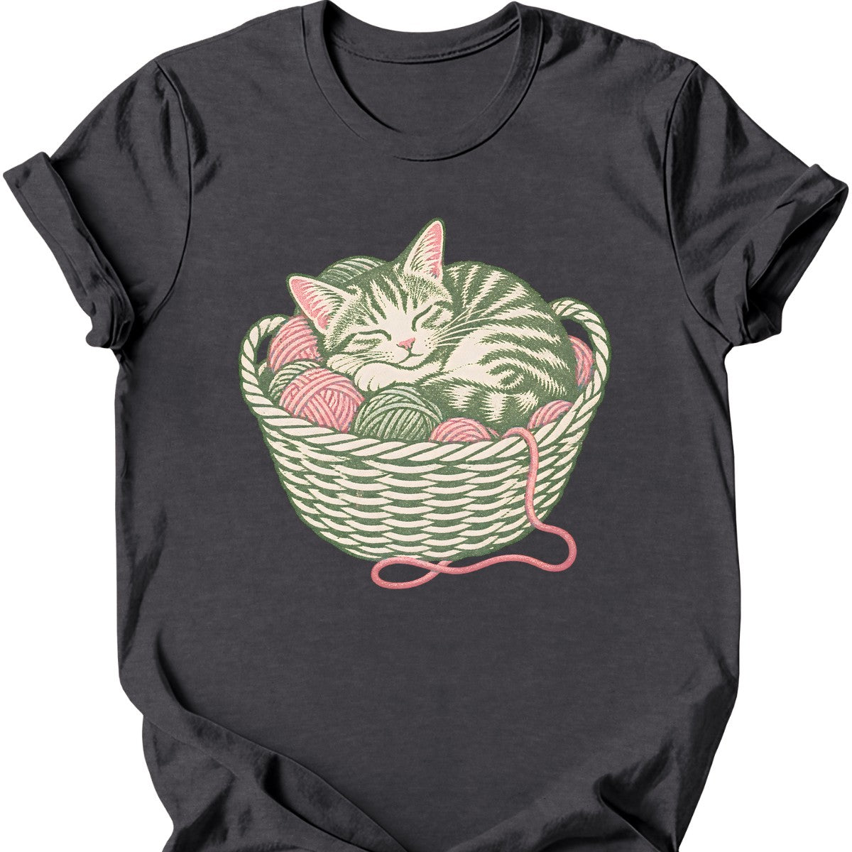 Yarn Basket Cat T-Shirt — Dark Heather