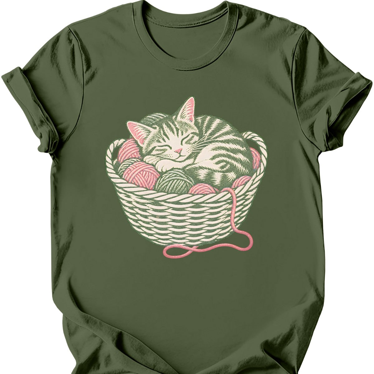 Yarn Basket Cat T-Shirt — Military Green