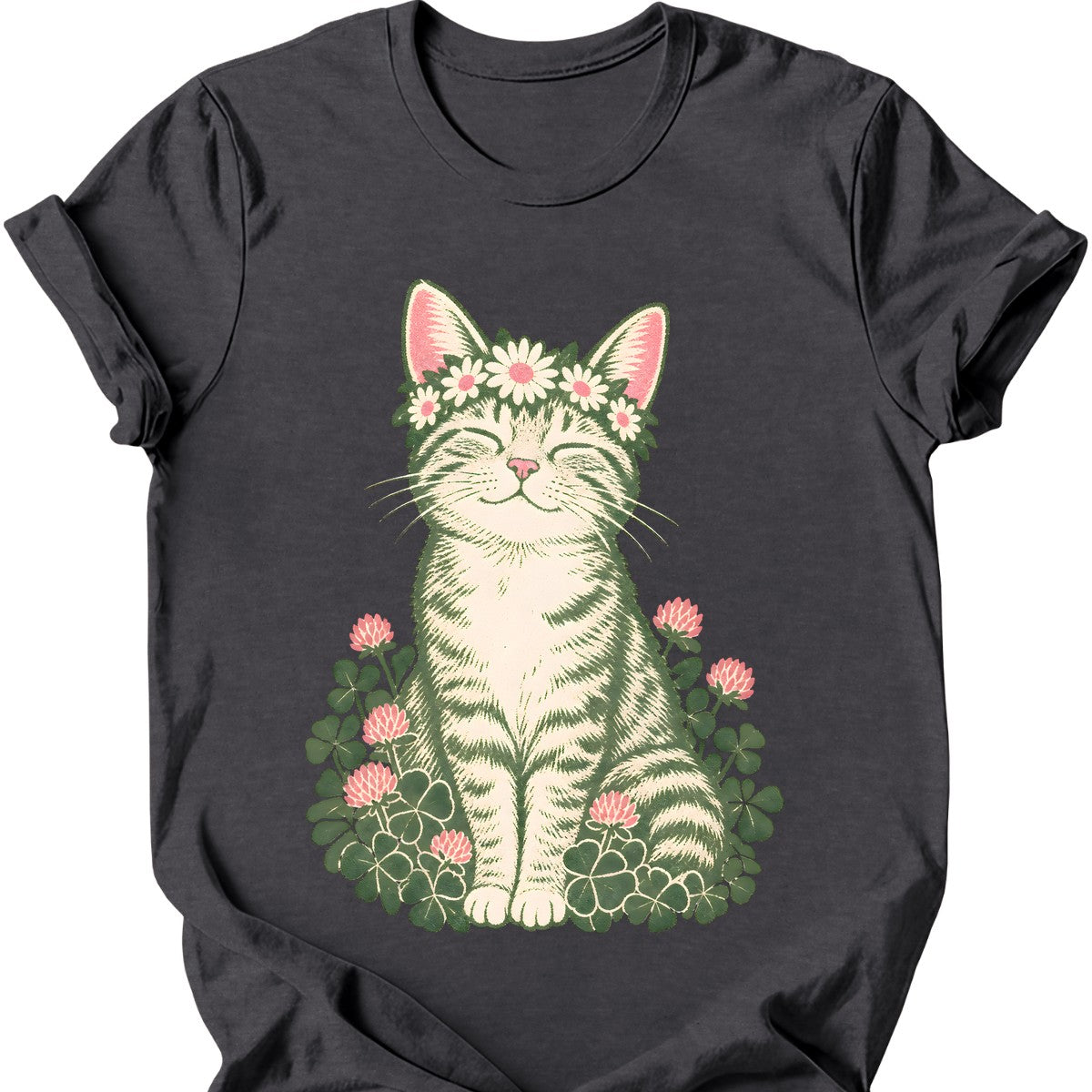 Daisy Crown Cat T-Shirt — Dark Heather