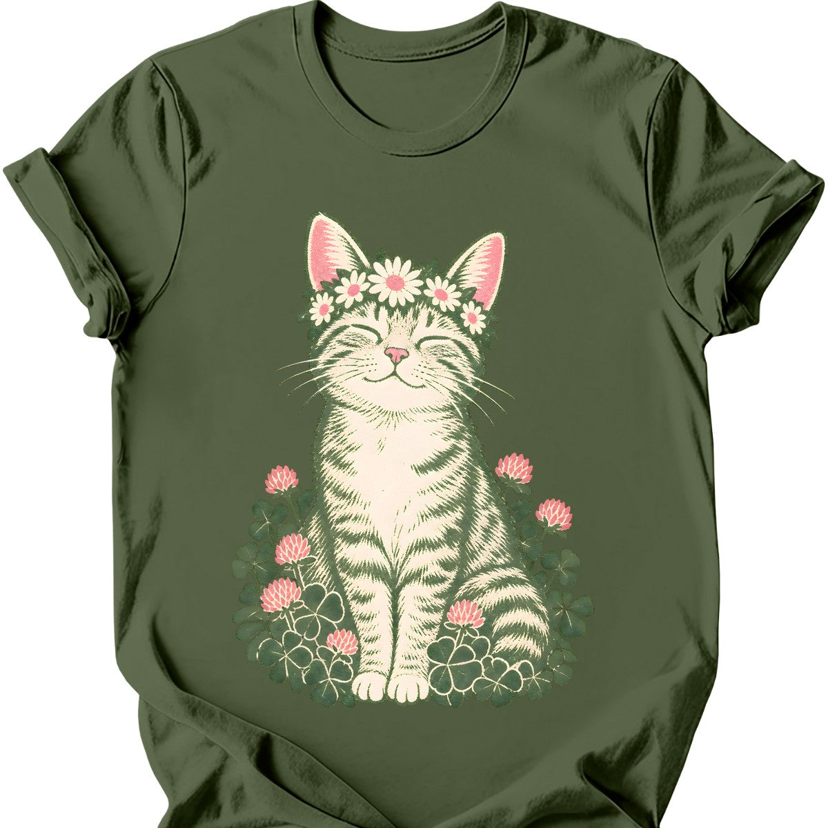 Daisy Crown Cat T-Shirt — Military Green