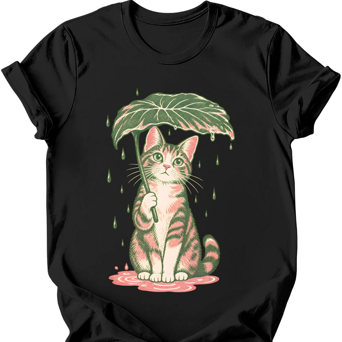 Leaf Umbrella Cat T-Shirt — Black