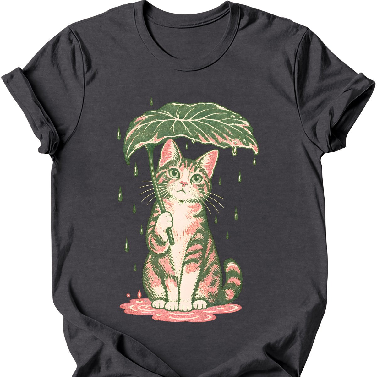 Leaf Umbrella Cat T-Shirt — Dark Heather