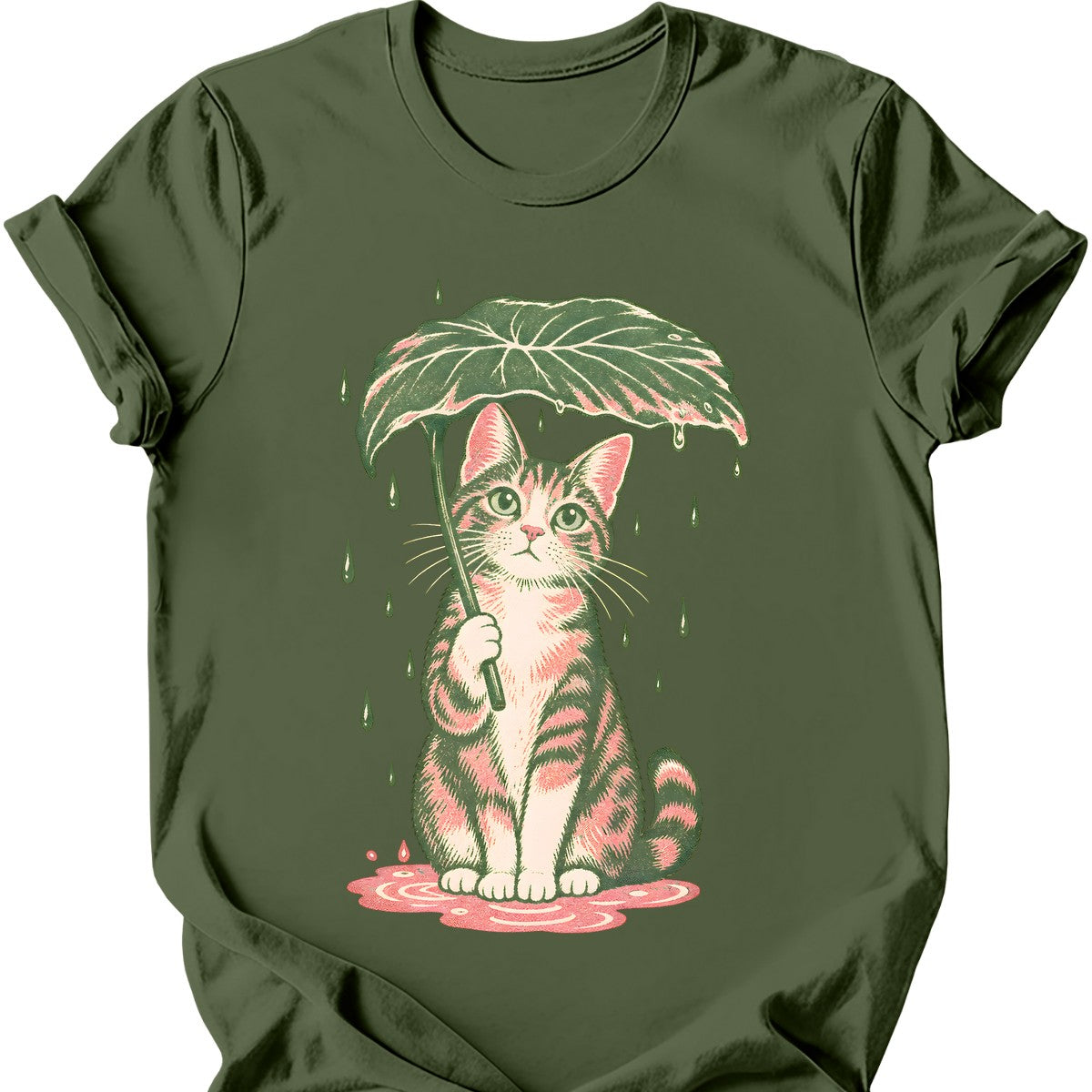 Leaf Umbrella Cat T-Shirt — Military Green