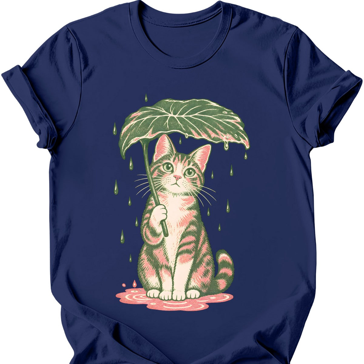 Leaf Umbrella Cat T-Shirt — Navy