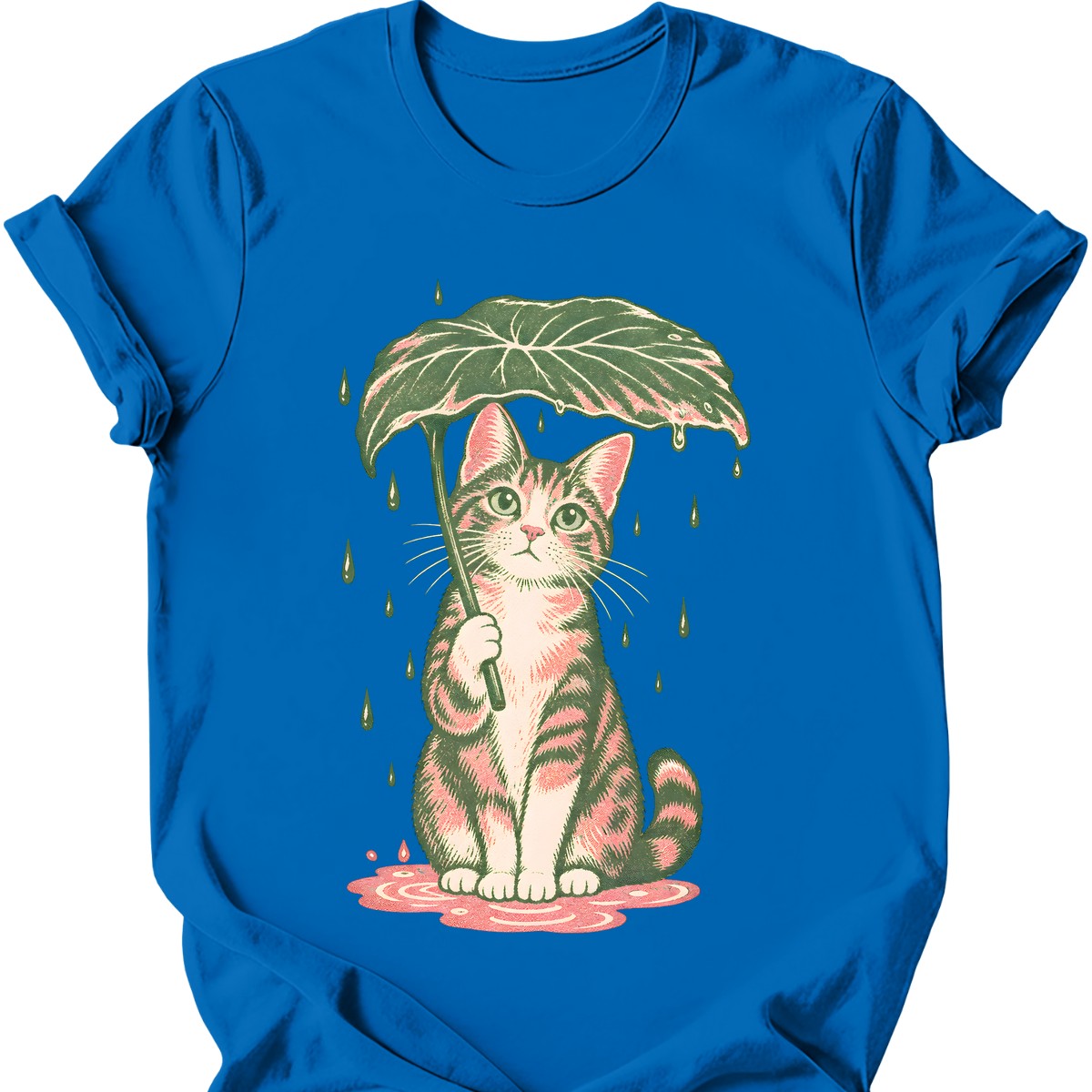 Leaf Umbrella Cat T-Shirt — Royal