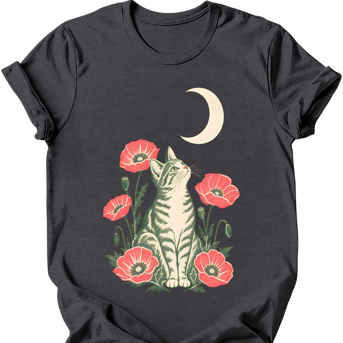 Poppy Moon Cat T-Shirt — Dark Heather