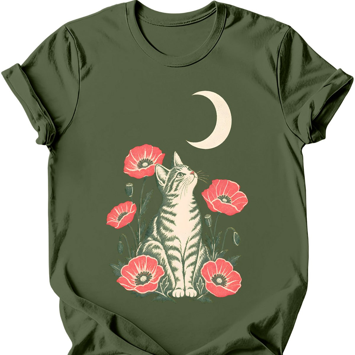 Poppy Moon Cat T-Shirt — Military Green