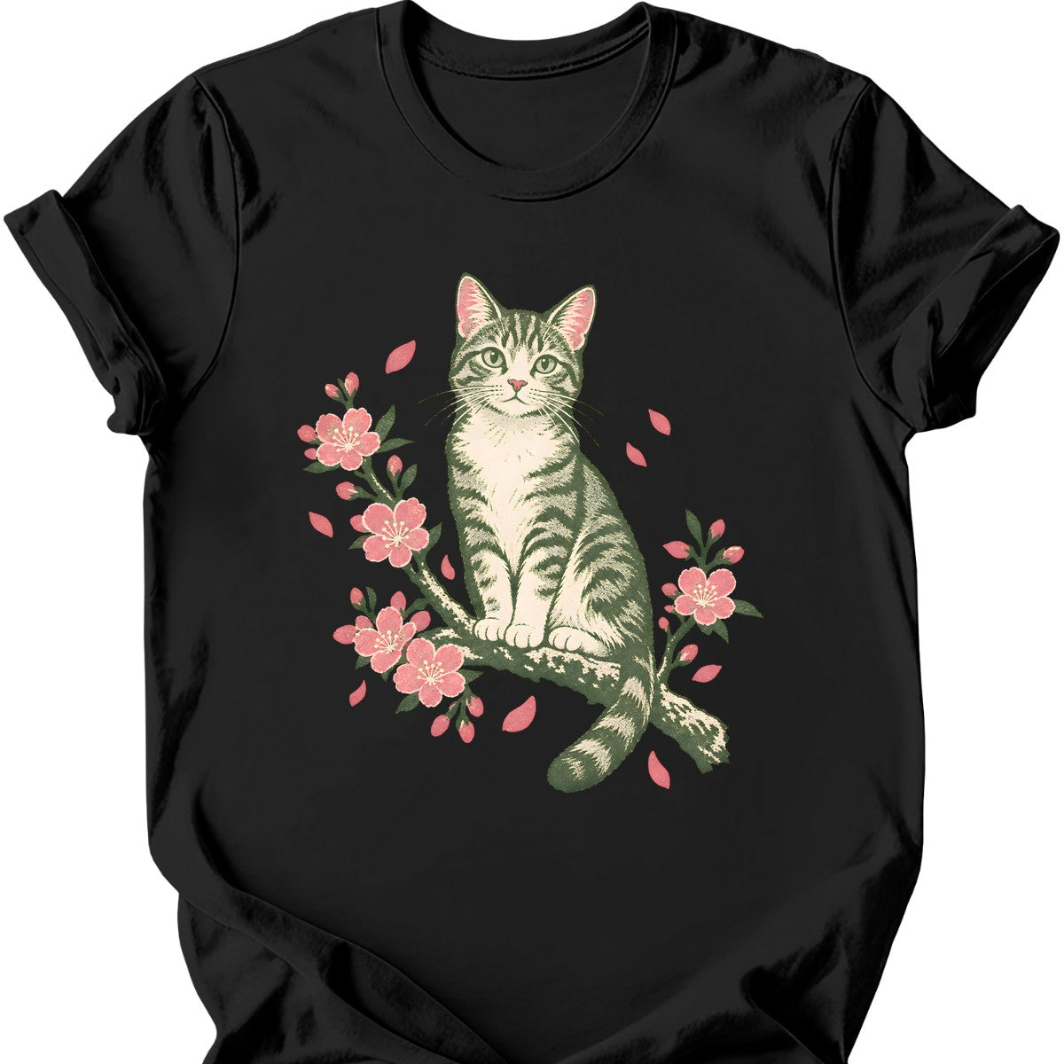 Cherry Blossom Cat T-Shirt — Black
