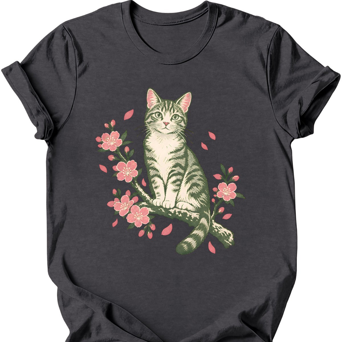 Cherry Blossom Cat T-Shirt — Dark Heather