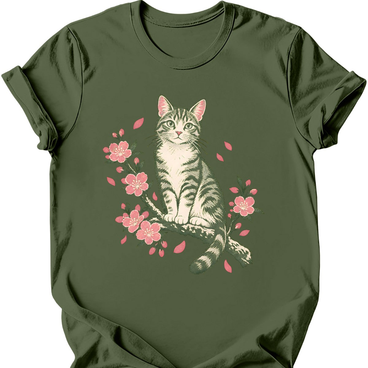 Cherry Blossom Cat T-Shirt — Military Green