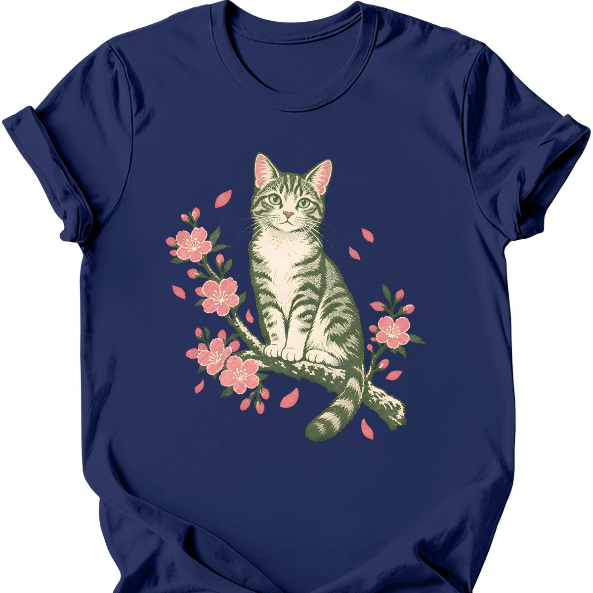 Cherry Blossom Cat T-Shirt — Navy