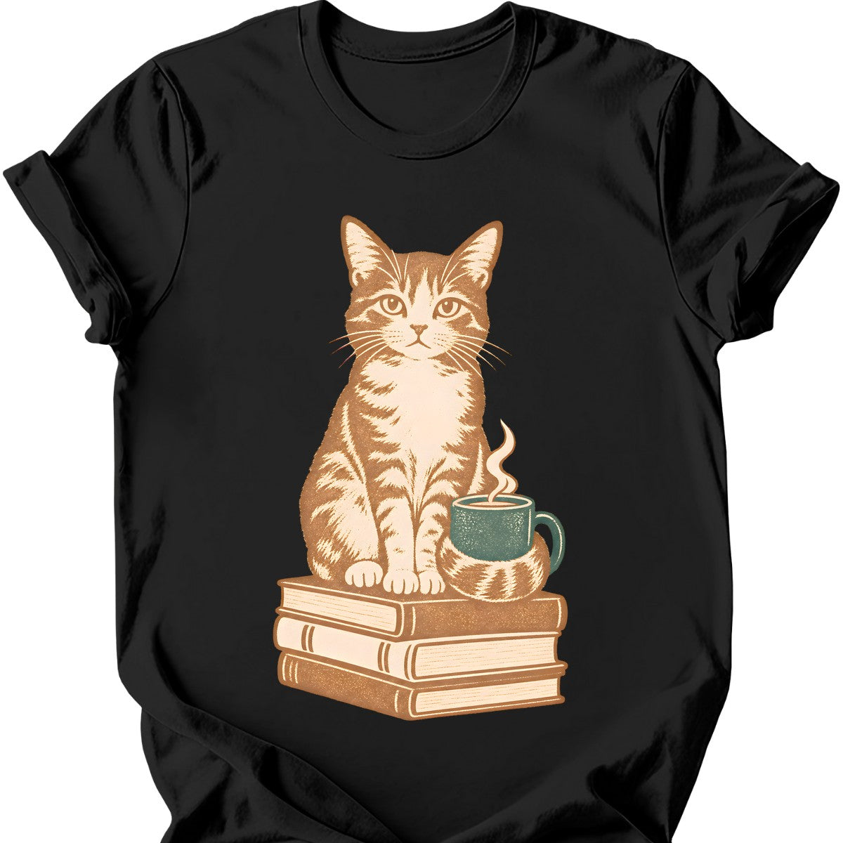 Books and Tea Cat T-Shirt — Black