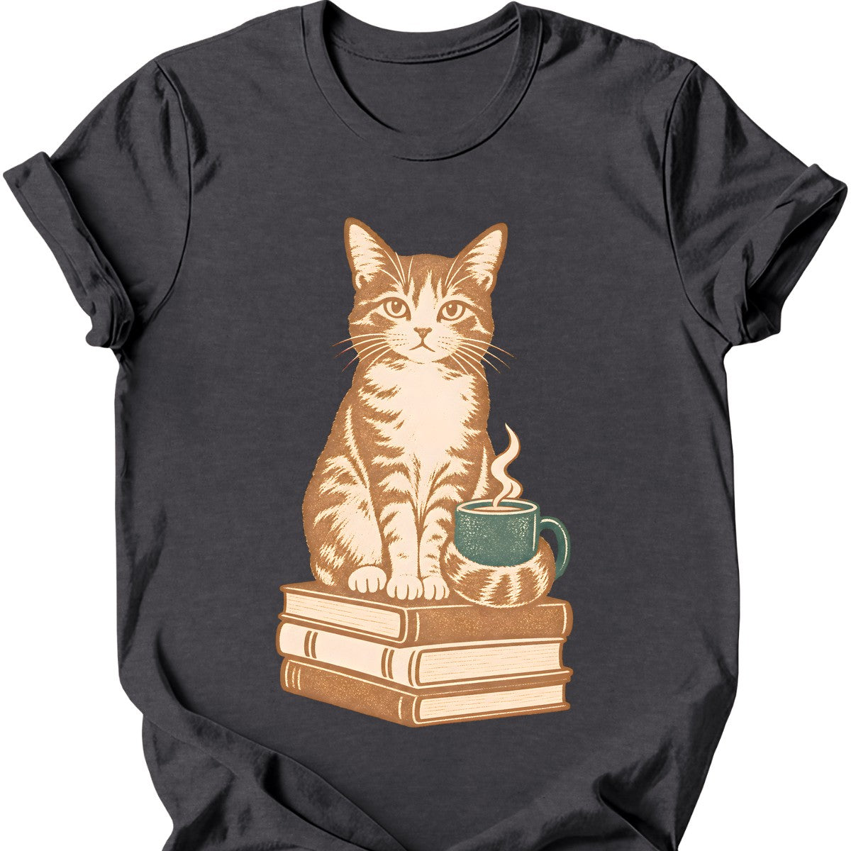 Books and Tea Cat T-Shirt — Dark Heather