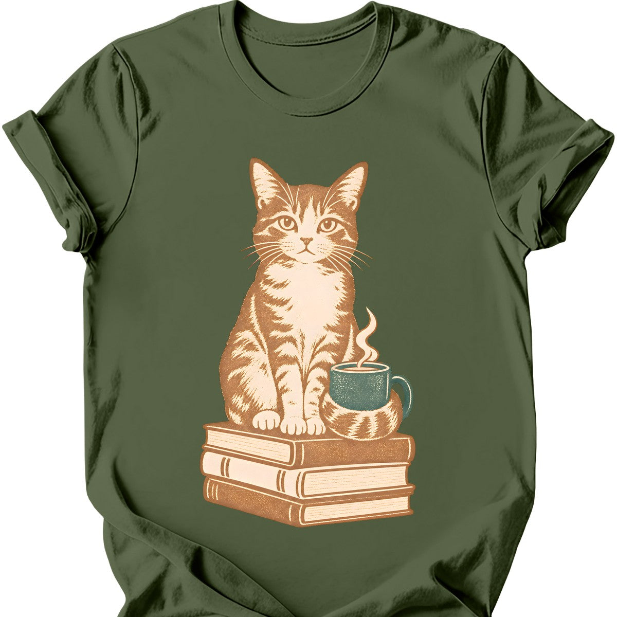 Books and Tea Cat T-Shirt — Military Green