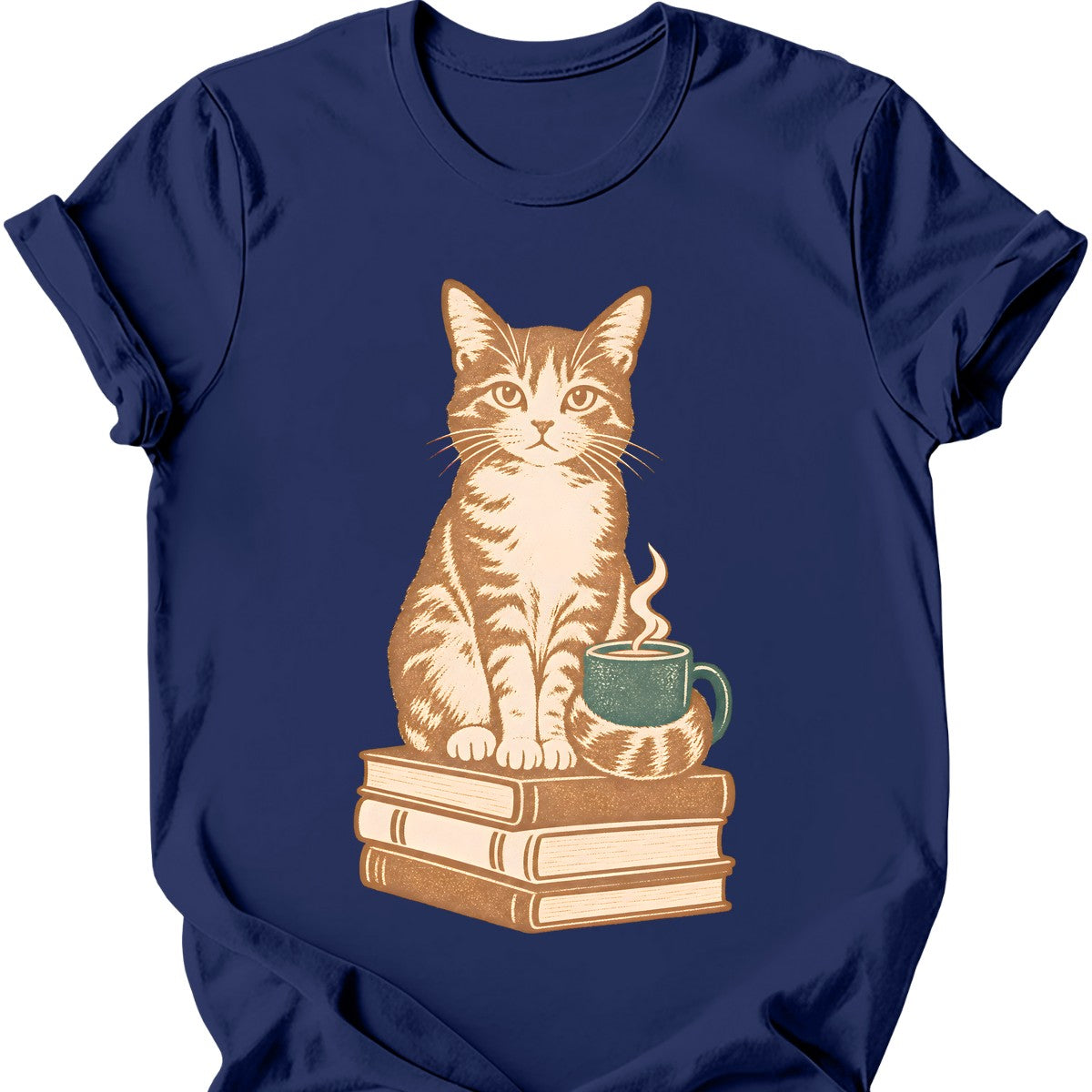 Books and Tea Cat T-Shirt — Navy