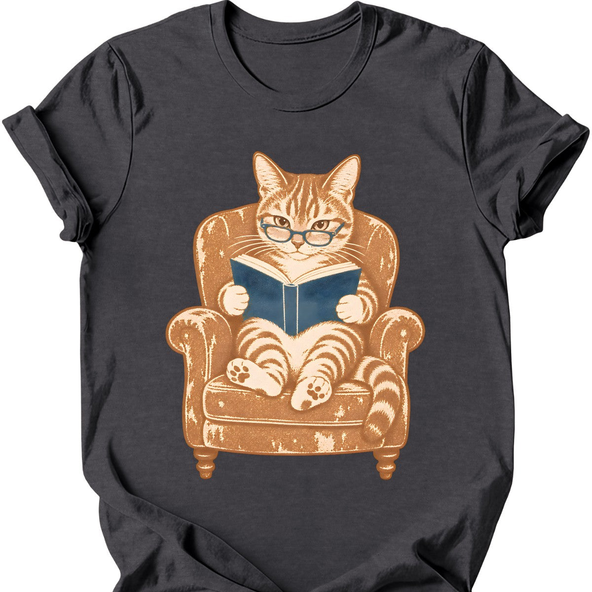 Armchair Reader Cat T-Shirt — Dark Heather