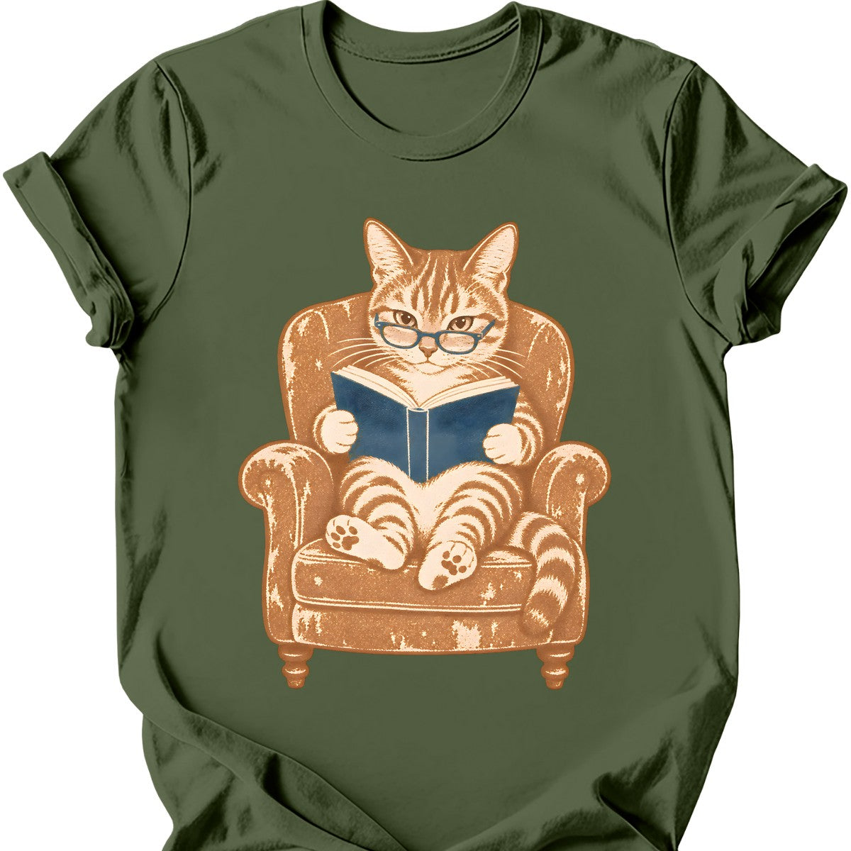 Armchair Reader Cat T-Shirt — Military Green