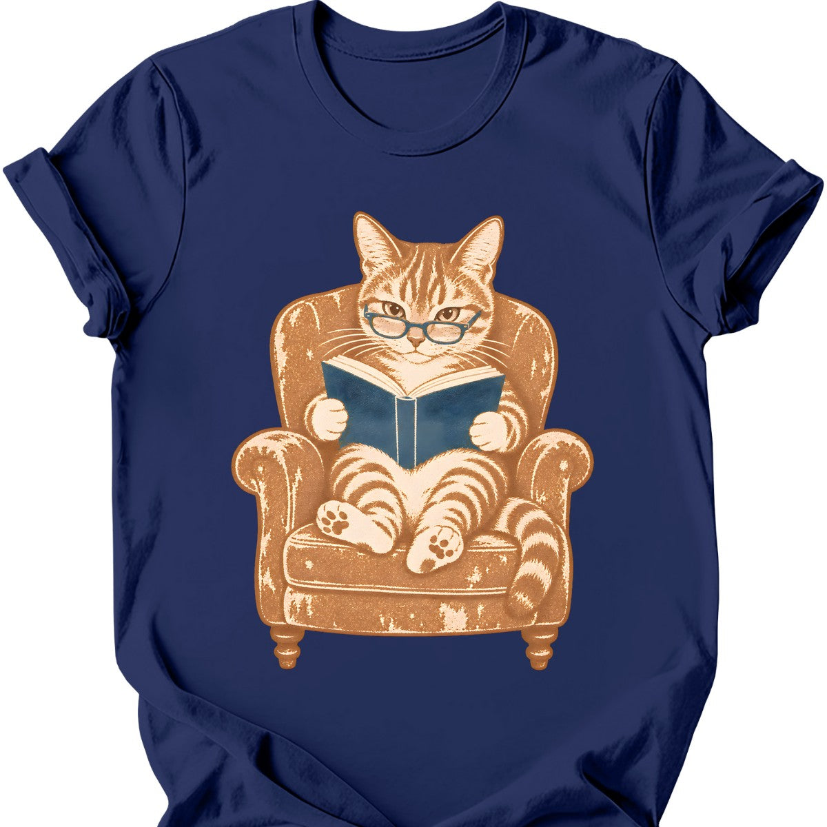 Armchair Reader Cat T-Shirt — Navy
