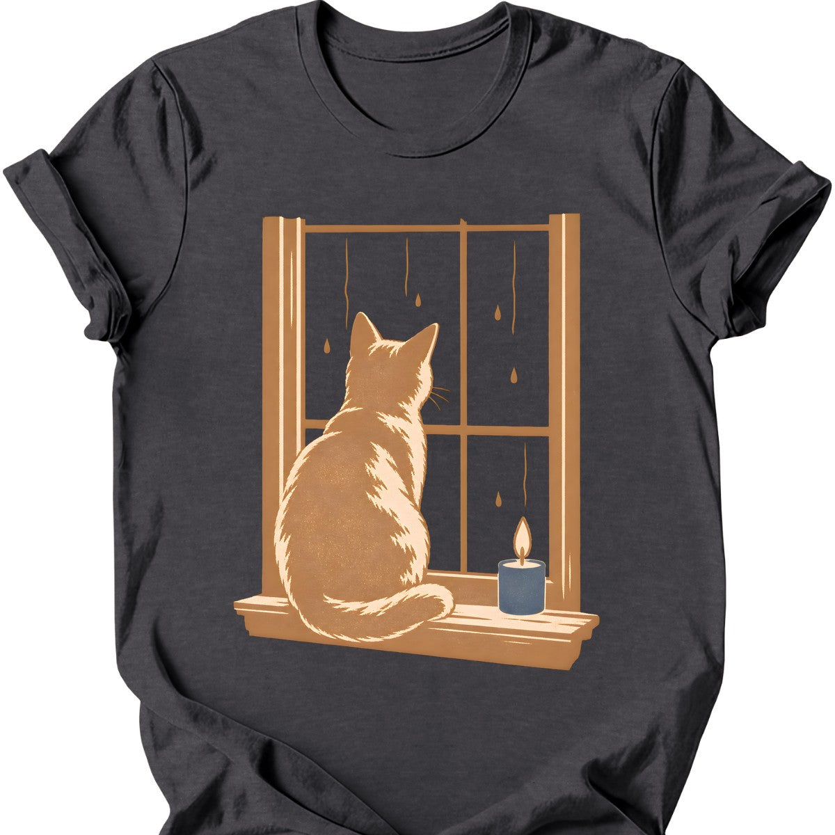 Rainy Window Cat T-Shirt — Dark Heather