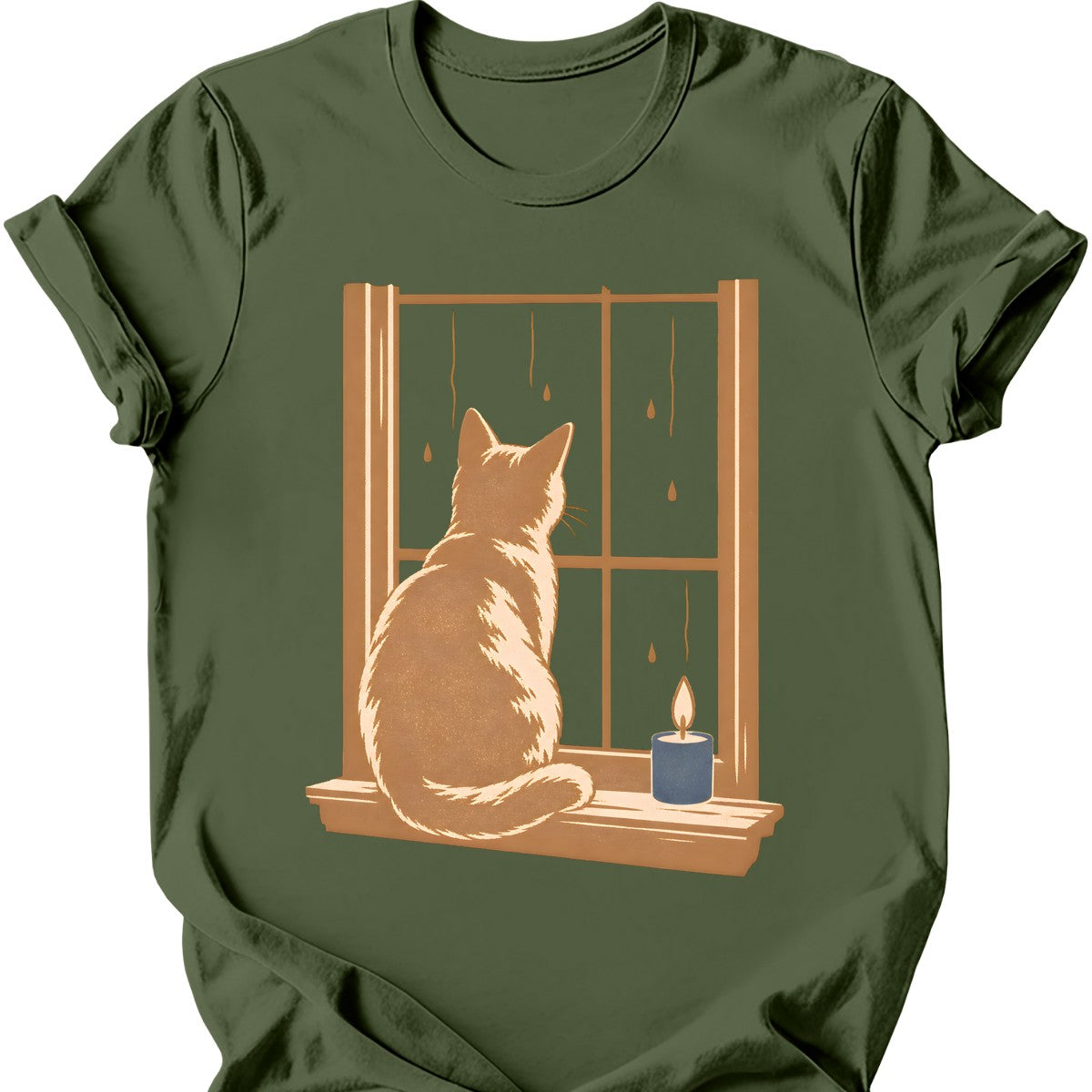 Rainy Window Cat T-Shirt — Military Green
