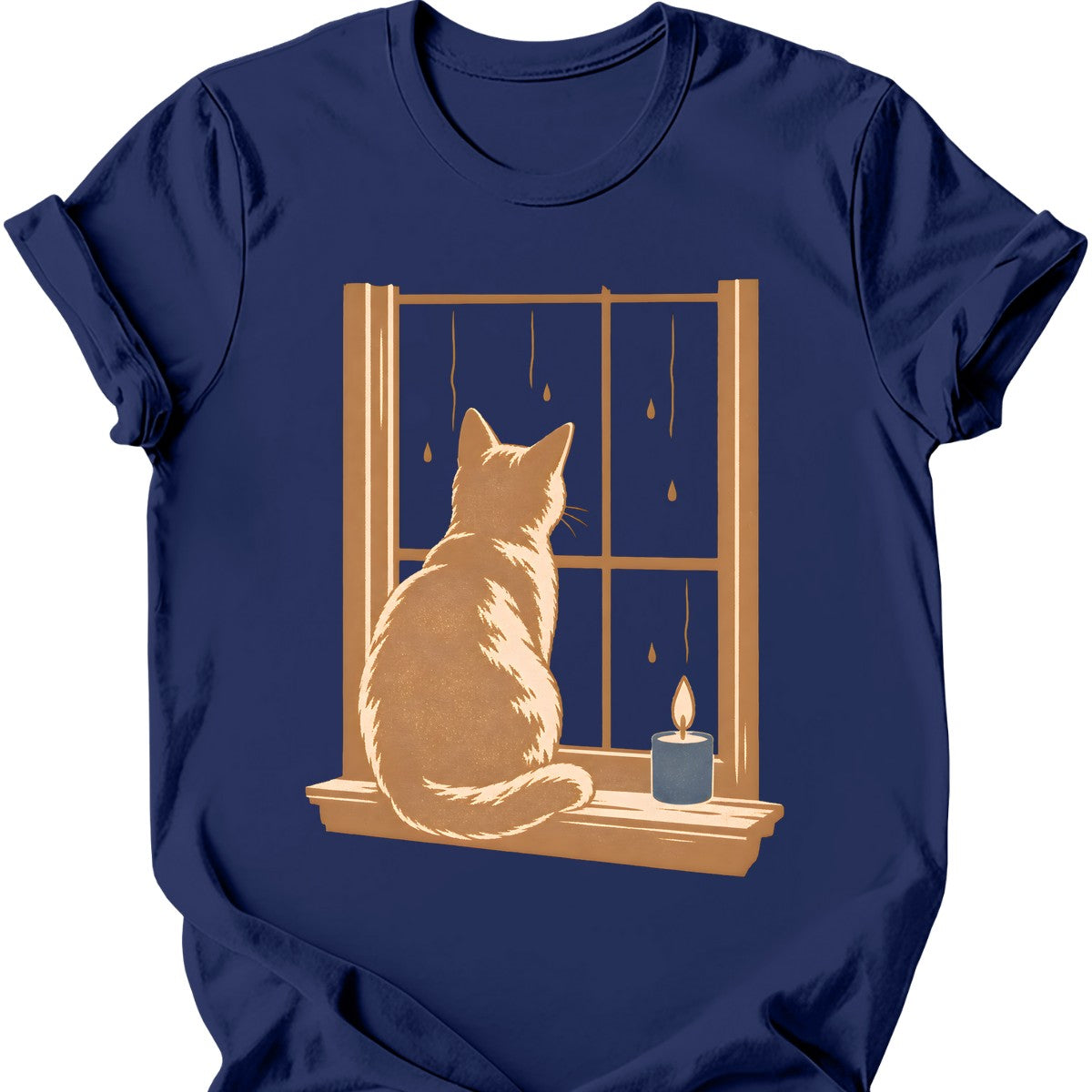 Rainy Window Cat T-Shirt — Navy