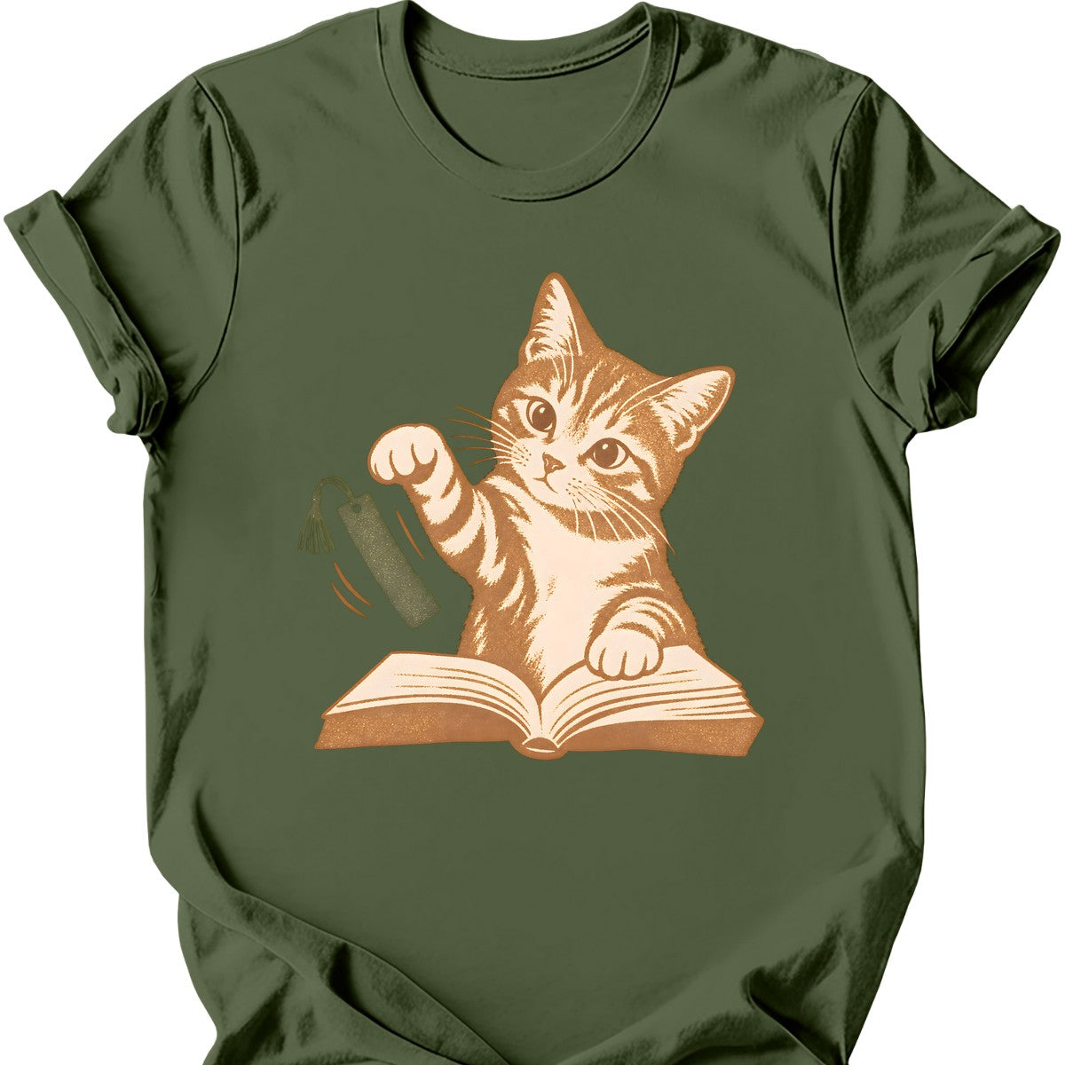 Bookmark Thief Cat T-Shirt — Military Green