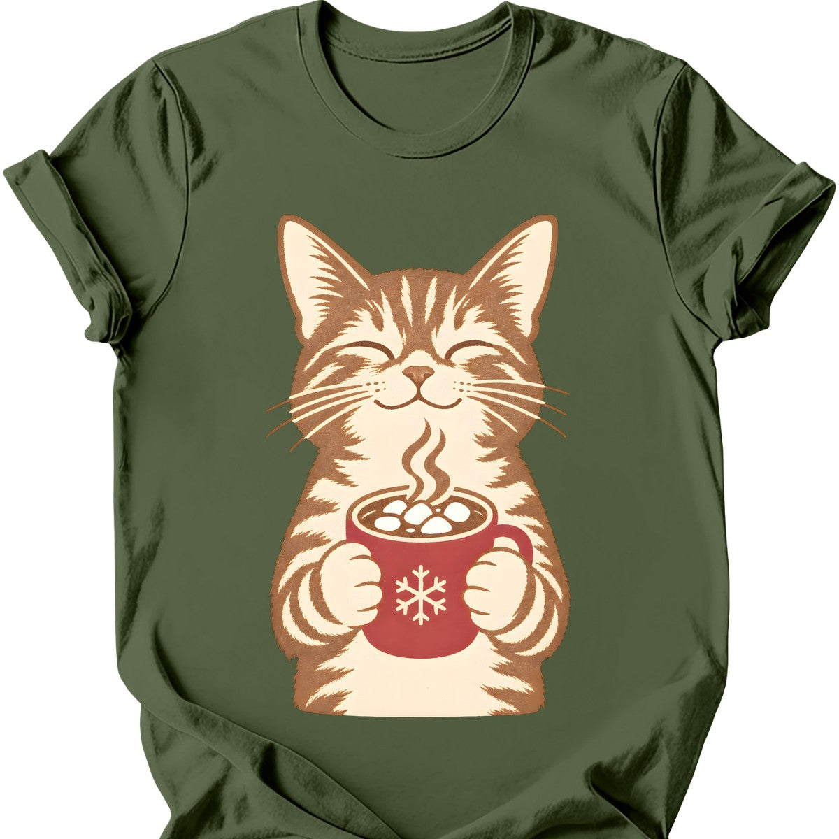Hot Cocoa Cat T-Shirt — Military Green