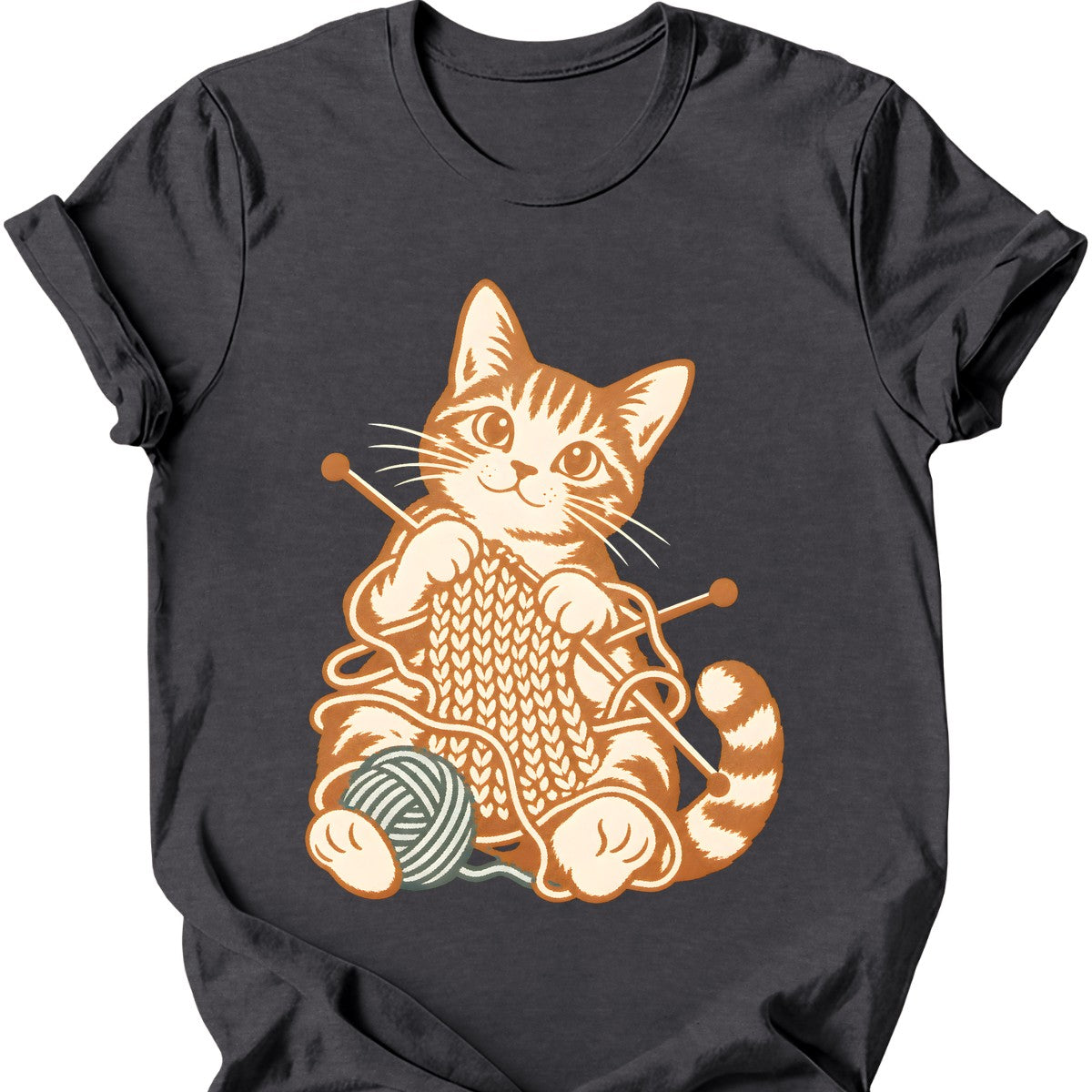 Knitting Cat T-Shirt — Dark Heather