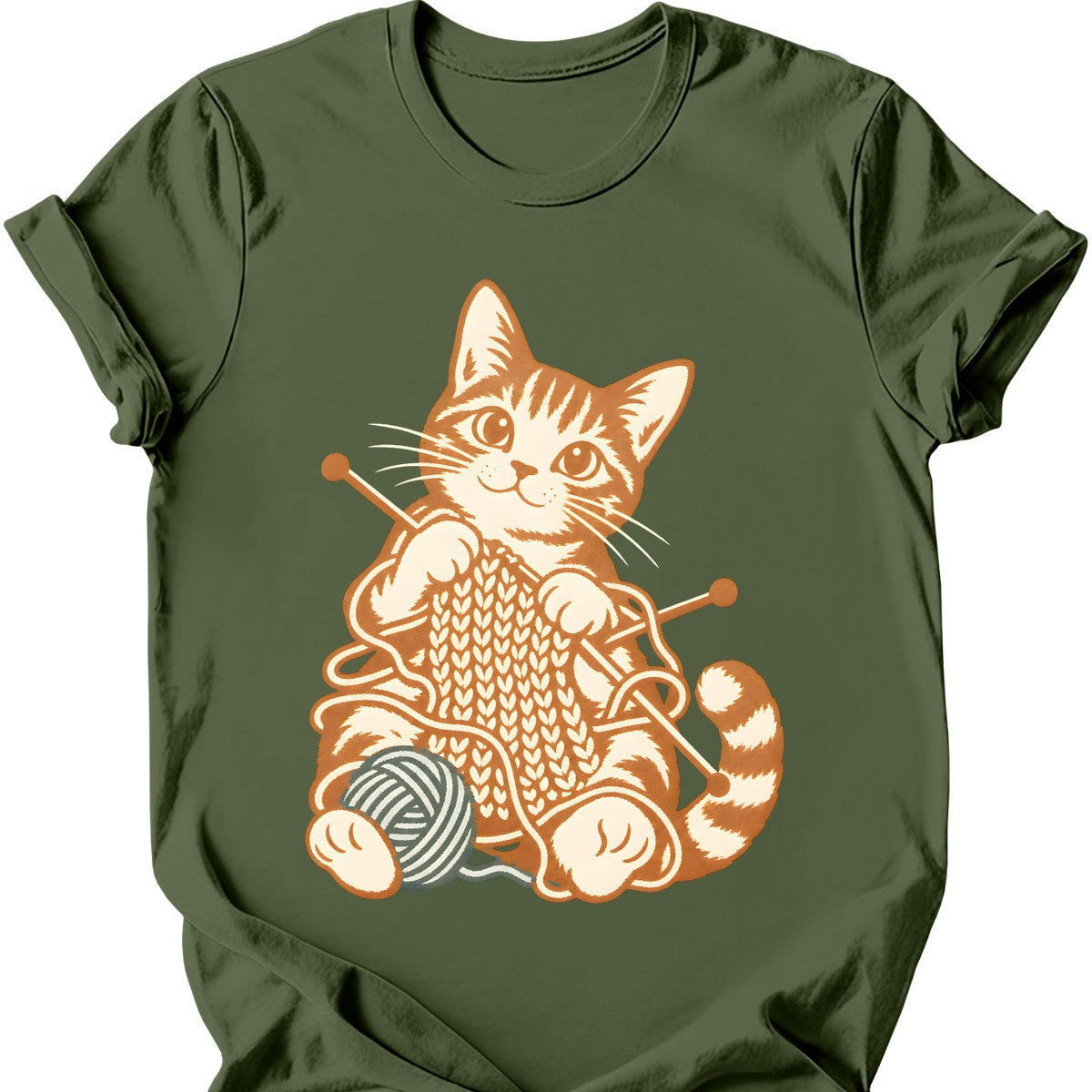 Knitting Cat T-Shirt — Military Green