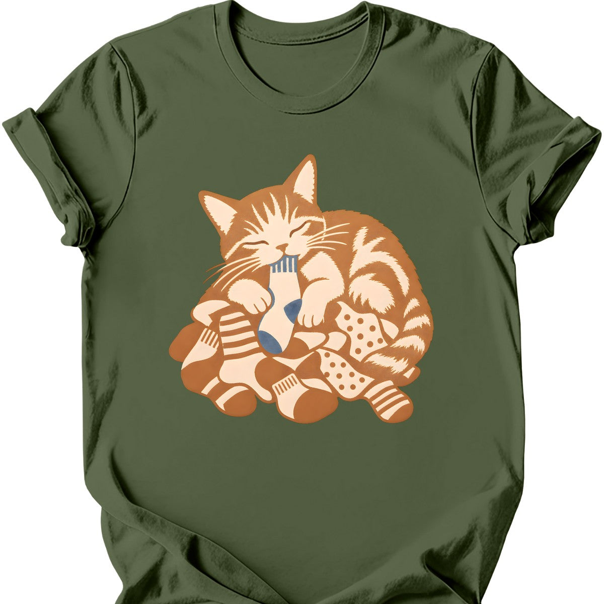 Sock Thief Cat T-Shirt — Military Green