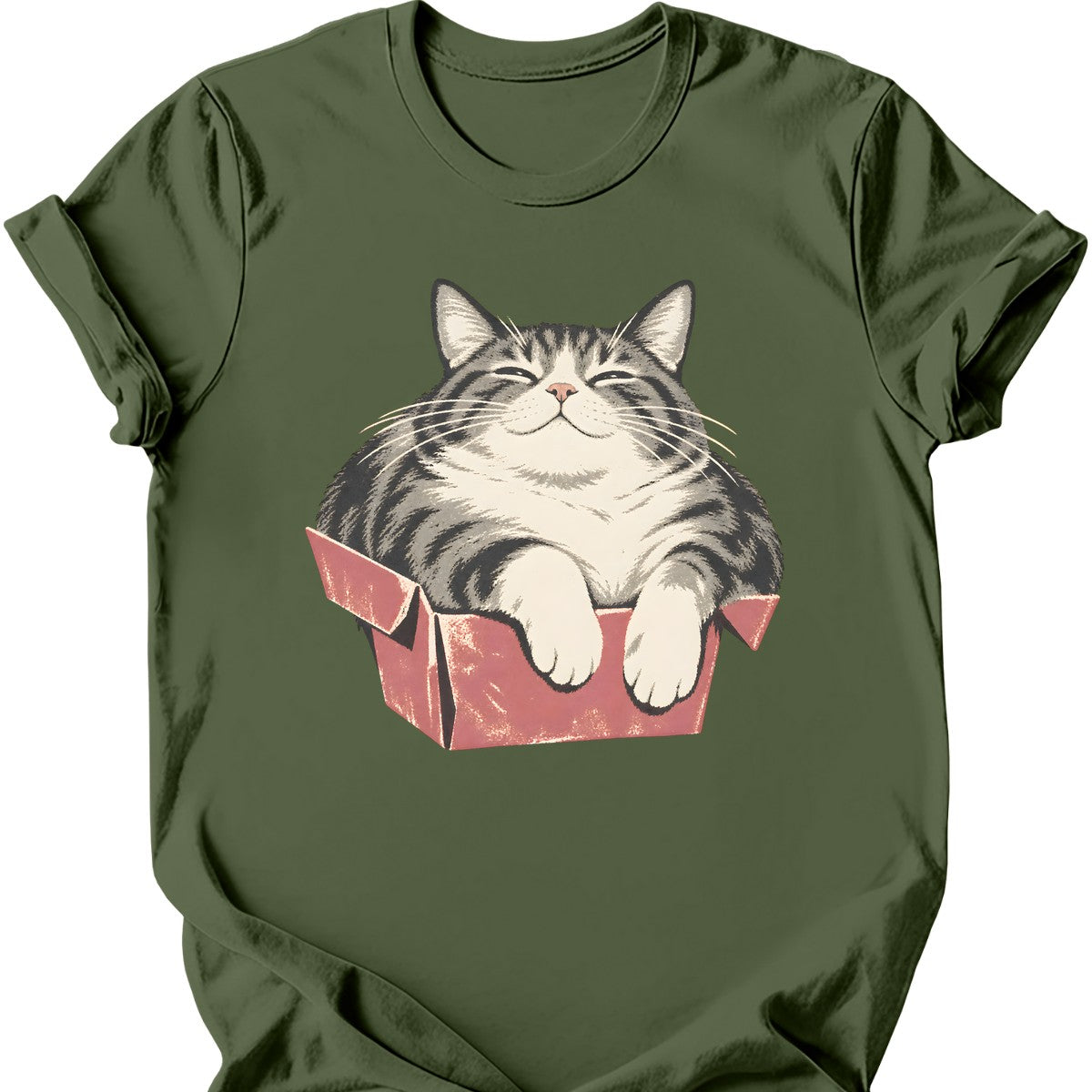 Too Small Box Cat T-Shirt — Military Green