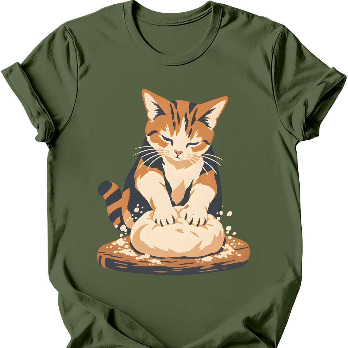 Making Biscuits Cat T-Shirt — Military Green