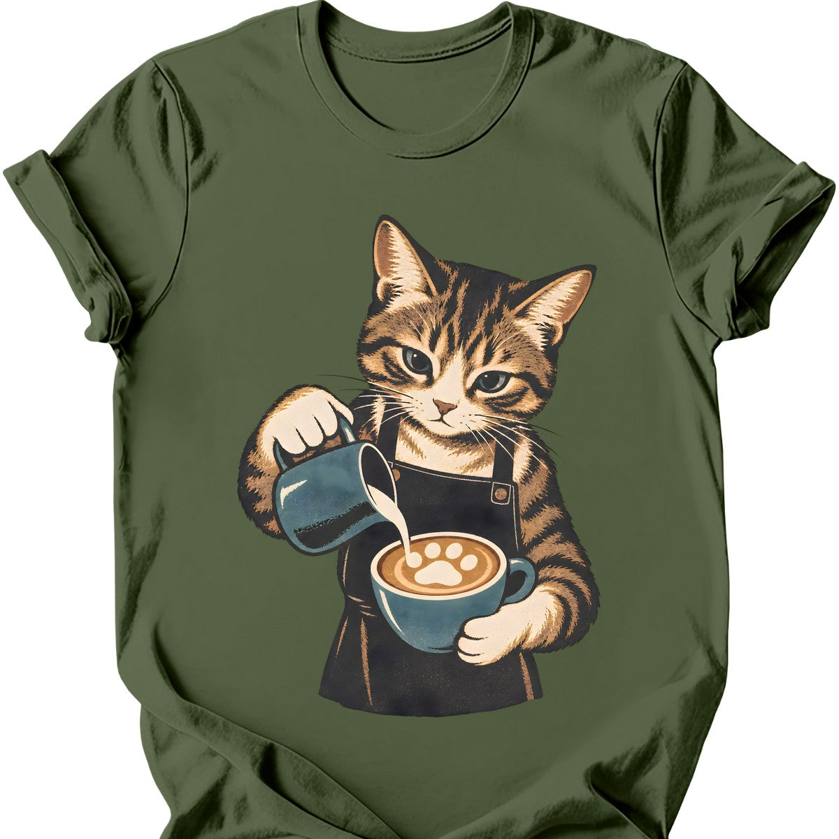 Barista Cat T-Shirt — Military Green