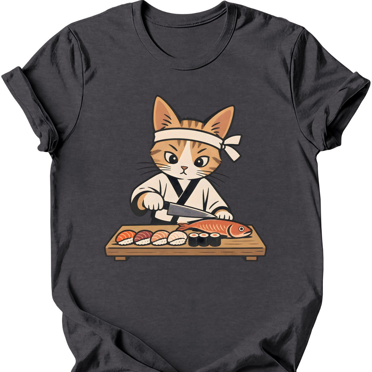 Sushi Chef Cat T-Shirt — Dark Heather