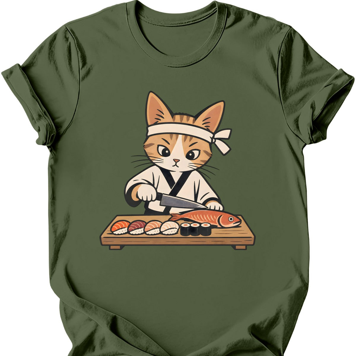 Sushi Chef Cat T-Shirt — Military Green