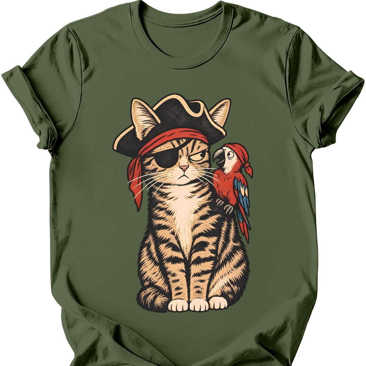 Pirate Cat T-Shirt — Military Green