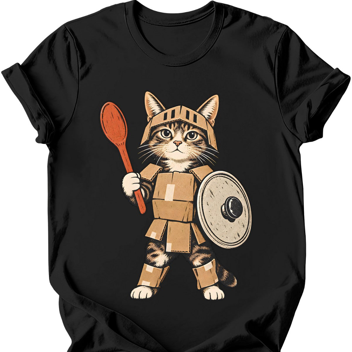 Cardboard Knight Cat T-Shirt — Black
