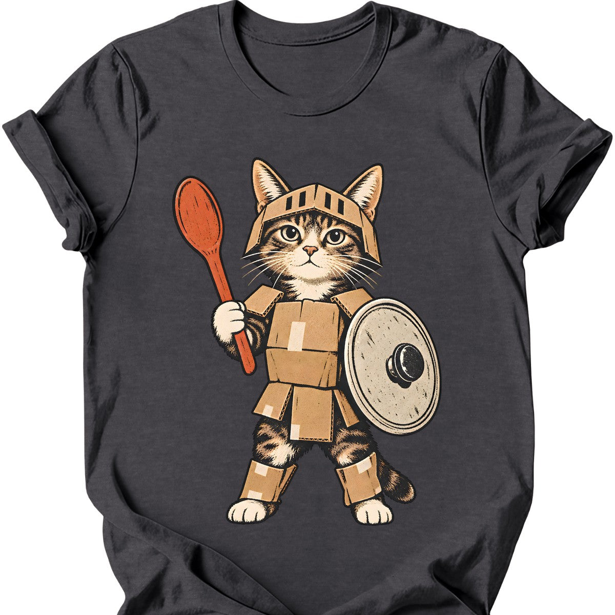 Cardboard Knight Cat T-Shirt — Dark Heather
