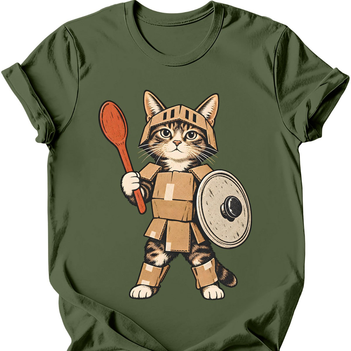 Cardboard Knight Cat T-Shirt — Military Green