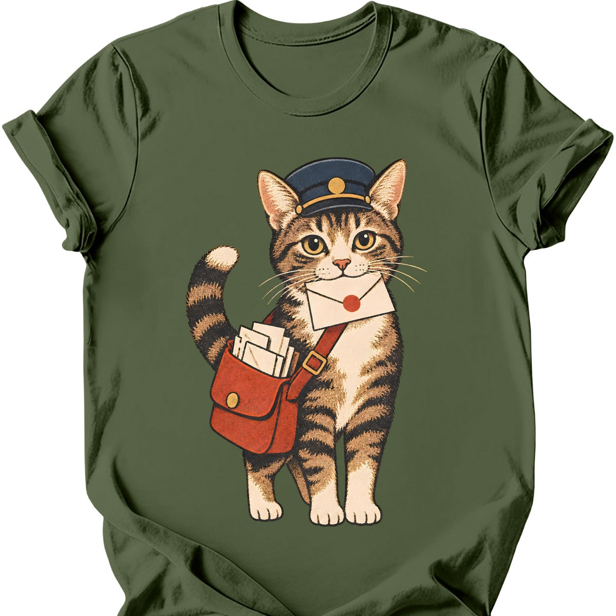 Mail Carrier Cat T-Shirt — Military Green
