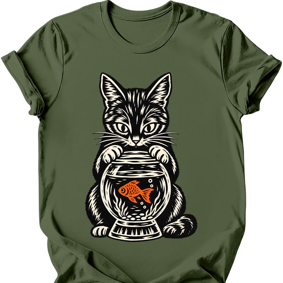 Fishbowl Cat T-Shirt — Military Green