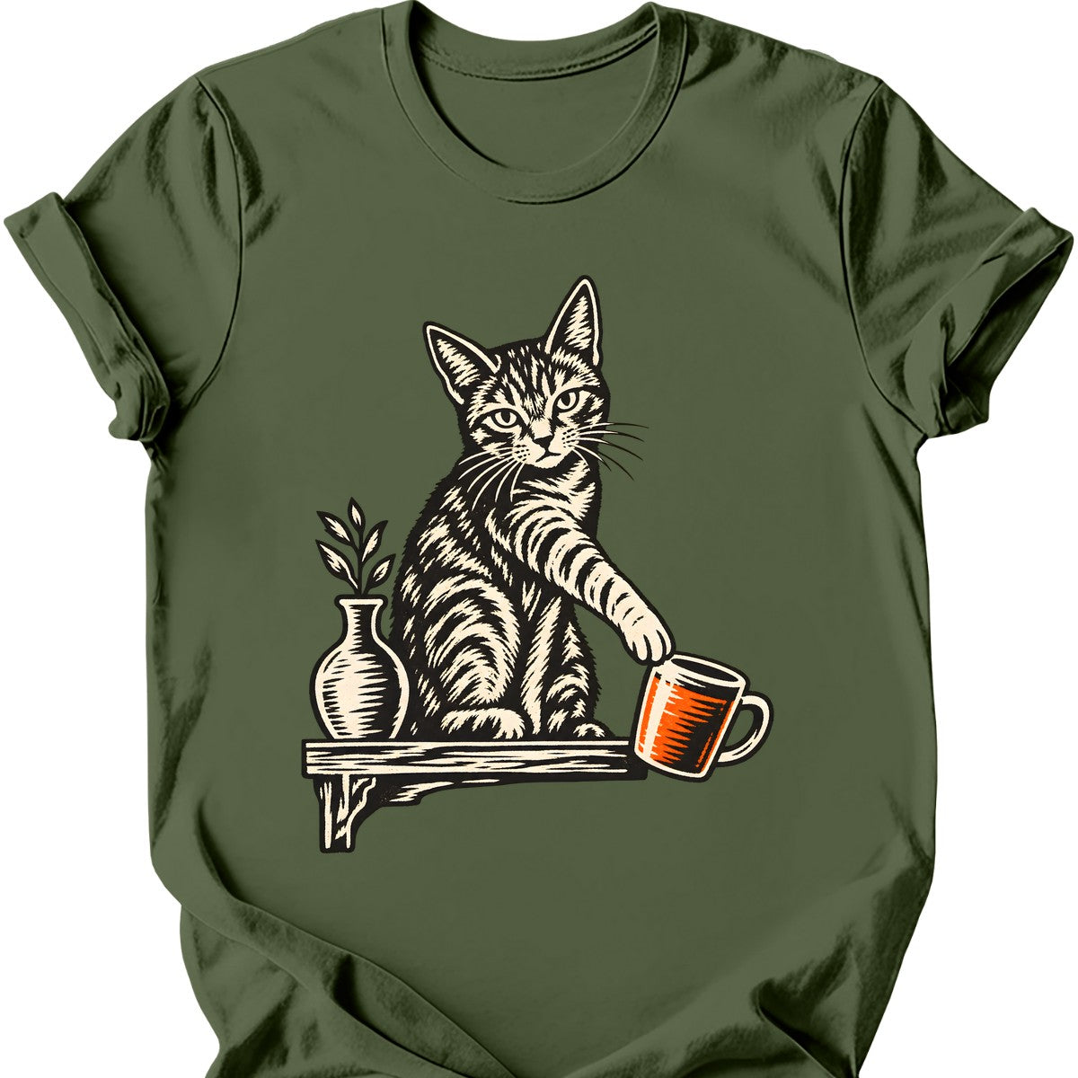 Mug Off the Shelf Cat T-Shirt — Military Green