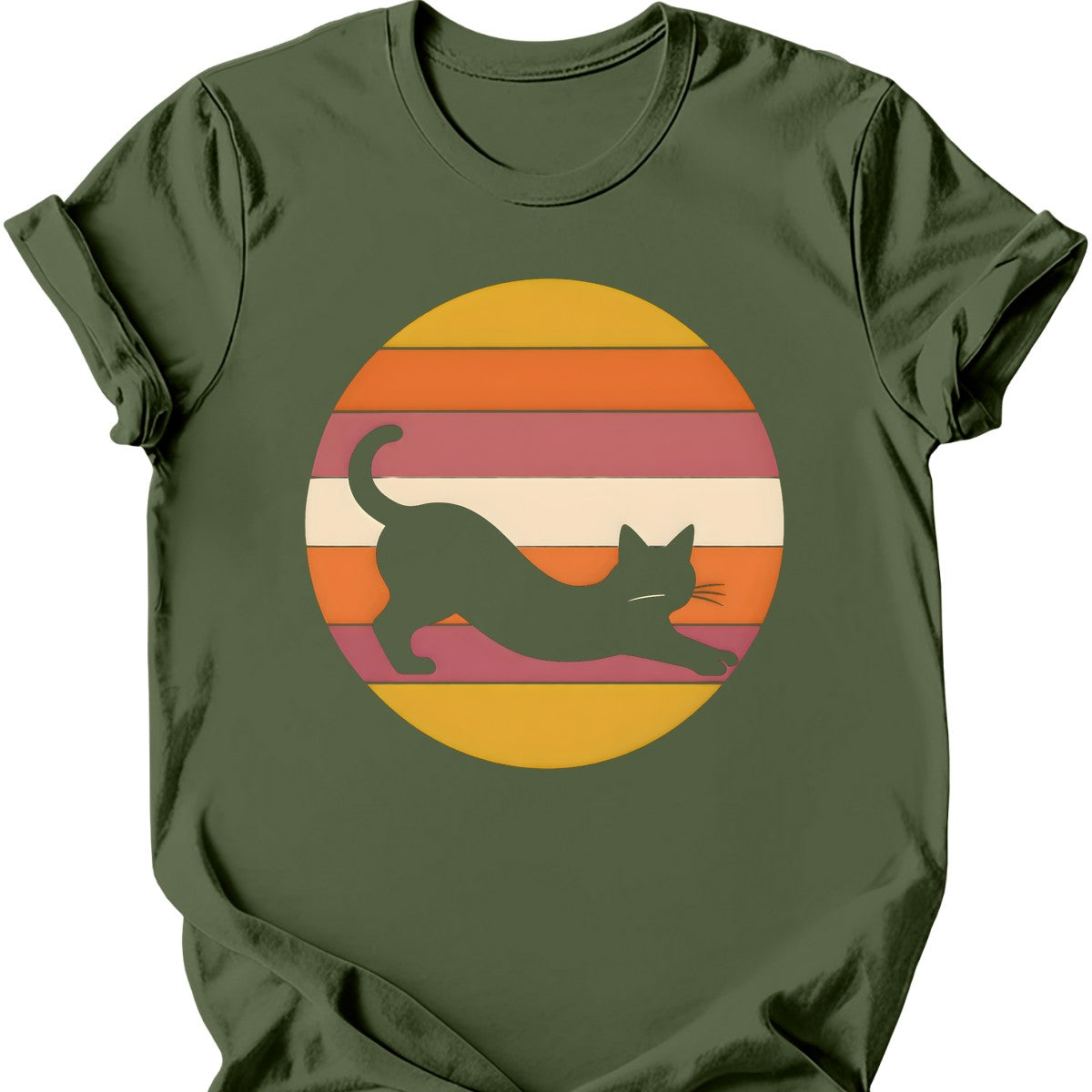 Sunset Stretch Cat T-Shirt — Military Green