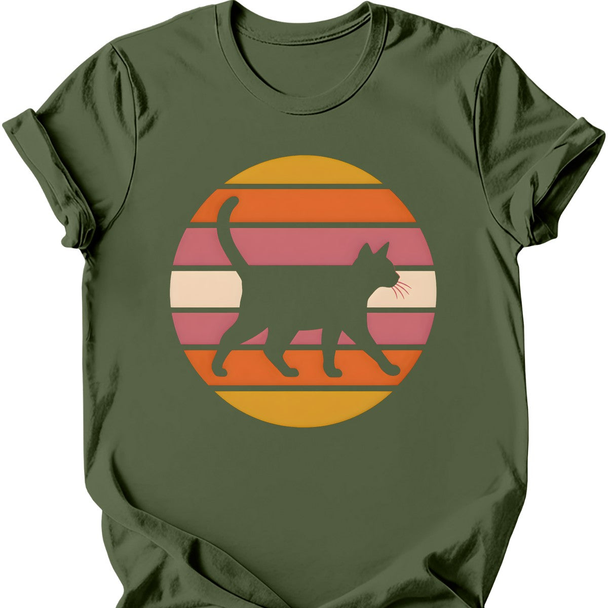 Sunset Stroll Cat T-Shirt — Military Green